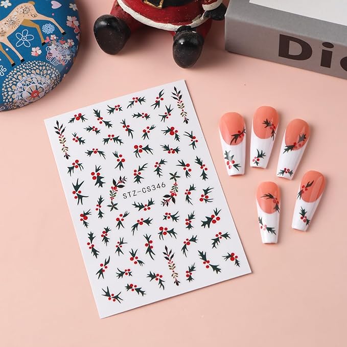 6PCS Christmas Nail Art Stickers Holly Nail Decals 3D Self-Adhesive Nail Stickers Christmas Tree Nail Art Supplies Green Leaves Holly Fruit Nails Accessories for Women Xmas Acrylic Manicure Decoration