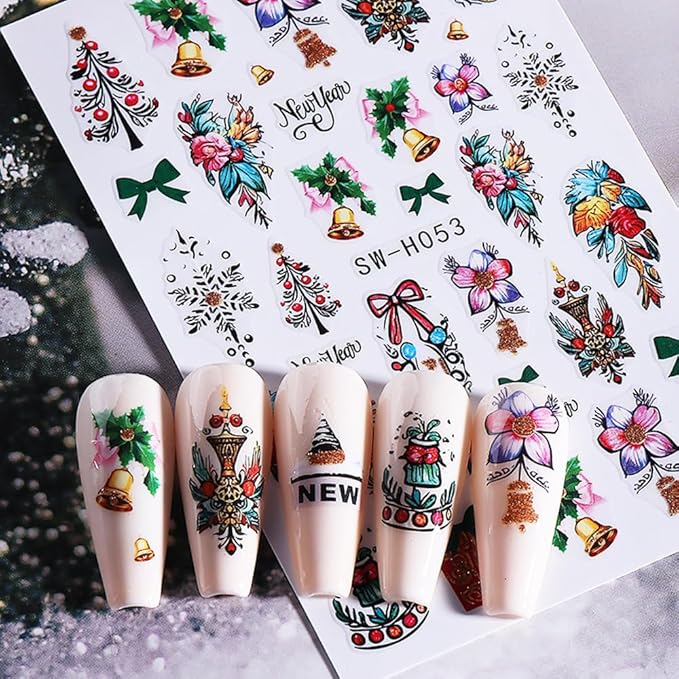 4Pcs Christmas Nail Stickers Santa Claus Snowman Nail Decals DIY Self Adhesive Christmas Tree Poinsettia Flowers Colored Lights Design Nail Decoration Supplies Holiday Manicure Accessories for Women