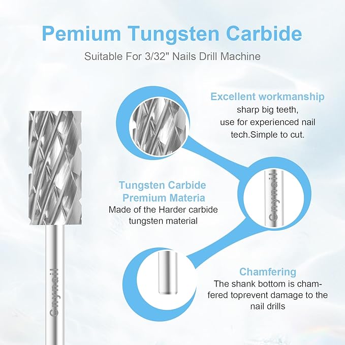3/32" Large Barrel Bit Tungsten Carbide Nail Drill Bit Safety Bit for Gel & Acrylic Removal, Right Way Rotating Efile Tip, Salon Electric File Accessory (5XC Girt, Silver)