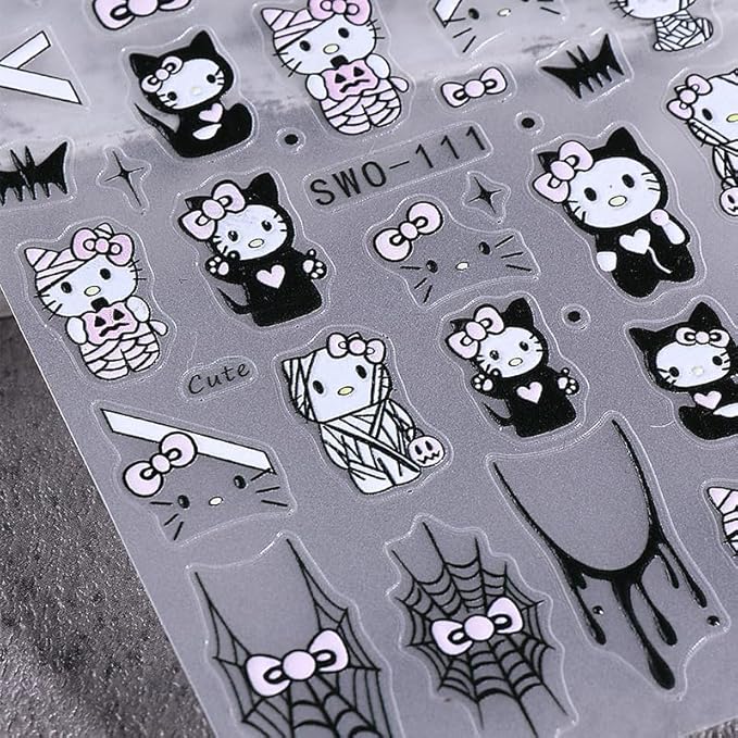 4 Sheets Halloween Nail Art Stickers Decals 3D Self-Adhesive Scary Bat Spider Web Skull Nail Stickers Gothic Black Cat Nail Decals for Women DIY Manicure Halloween Party Nail Decoration