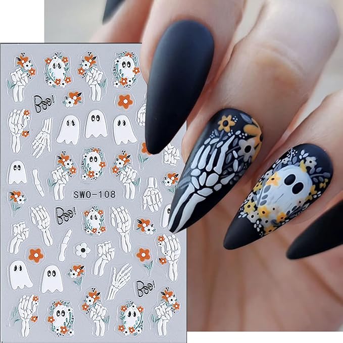 4Pcs Halloween Nail Stickers Cute Flower Ghost Nail Decals 3D Goth Spider Nail Art Stickers Mummy Bandage Pumpkin Skeleton Nail Design Sticker French Cat Halloween Nails Supplies Decoration for Women