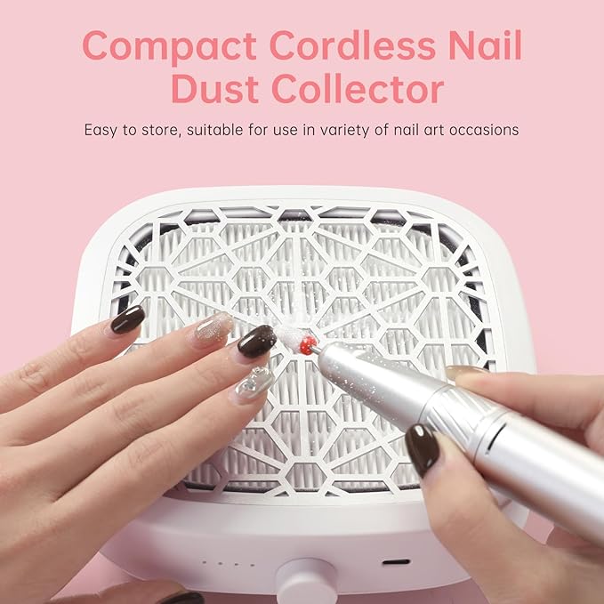 Nail Dust Collector, Cordless Dust Collector Nail Tech, Compact Powerful 6000RPM Nail Vacuum Fan Rechargeable Dust Extractor for Acrylic Gel Polish Manicure Pedicure for Home, White