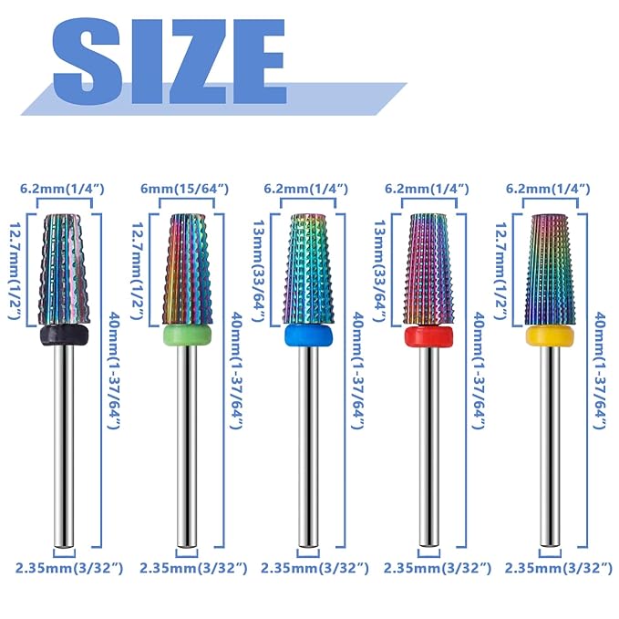 Mesee 5 Pieces Nail Drill Bit Set, 2.35mm Shank Tungsten Steel Tapered Barrel Nail Drill Bits, Acrylic Nail File Cuticle Drill Bits for Manicure Pedicure Art Polishing Cuticle Removal