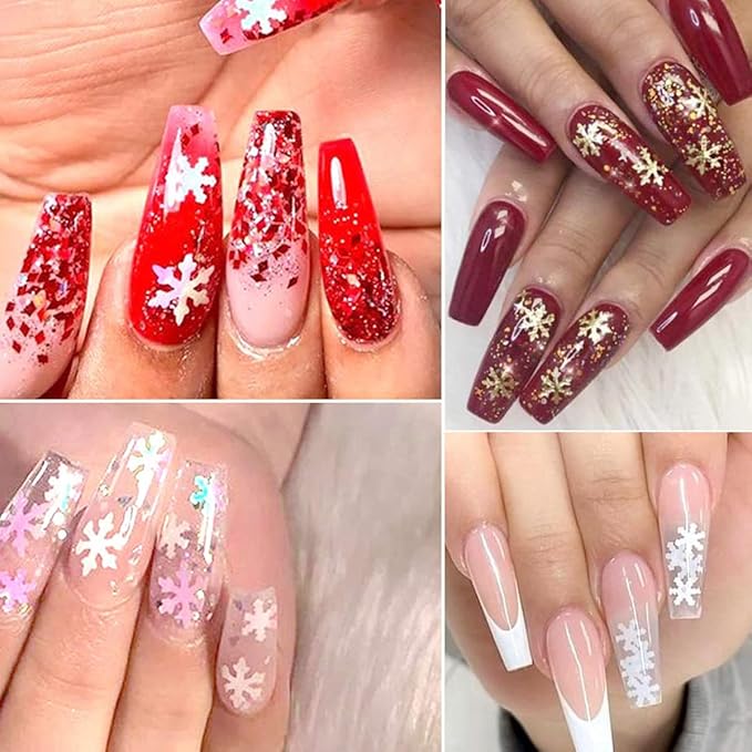 6 Grids Snowflake Nail Art Stickers Decals 3D Snowflake Nail Glitter Sequins Holographic Laser White Red Gold Silver Snowflake Glitter Flakes Winter Christmas Snow Nail Art Glitter Decoration