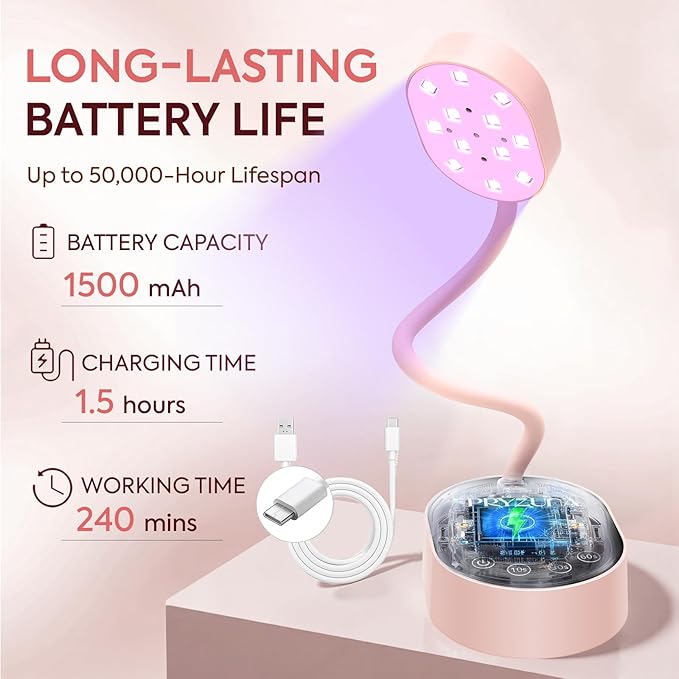UV LED Nail Lamp, Cordless Gooseneck Mini Flash Cure UV Lamp for Gel X Nails, 36W Portable USB Rechargeable Nail Dryer with Auto Sensor, 4 Timers & LCD Display for DIY Home Manicure (Pink)