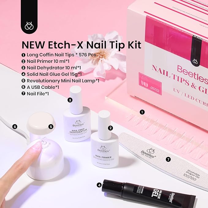Beetles Gel Nail Kit Long Coffin with Nail Dehydrator and Primer, 576Pcs Half Matte Etch-X Gel Nail Tips Solid Nail Glue Mini Nail Lamp Acrylic Nail Tips Easy DIY Nail Extension Set Gift for Women