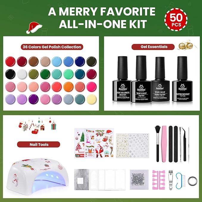 Beetles 54 Pcs Christmas Gel Nail Polish Kit with U V Light - 32 Color Gel Nail Kit Gifts for Teens Girls Women Four Seasons Glow Soak Off Red White Winter Nails Art Home Salon Home DIY Manicure Set