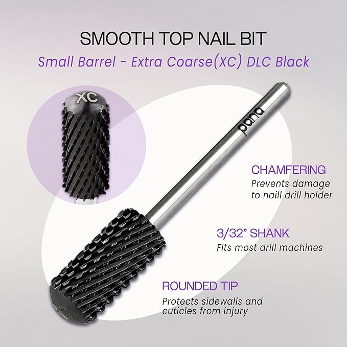 PANA 3/32" Small Smooth Round Top Safety Carbide Nail Drill Bit for Gel Polish & Acrylic Removal Nail Salon Manicure Pedicure Electric File Tools (Small Barrel - DLC Black, Extra Coarse)