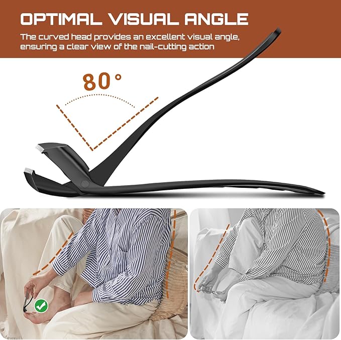 Toenail Clippers for Seniors Thick Toenails, Upgrade Angled Head Large Toe Nail Clippers for Men with Wide Jaw Opening, Sharp Heavy Duty Fingernail Clipper Cutter with Catcher Long Handle -Black