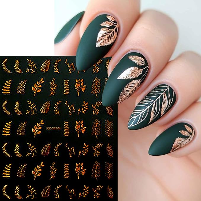 12 Sheets Fall Gold Leaves Nail Art Stickers Maple Leaf Flower Nail Decals 3D Self Adhesive Shiny Autumn Leaves Nail Stickers Design Manicure Supplies Decoration for Women Acrylic DIY Nails