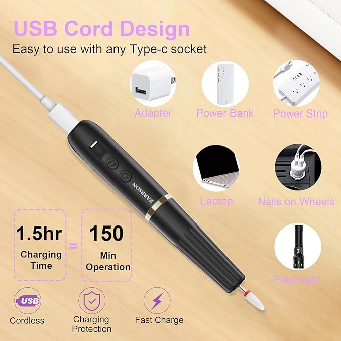 Electric Nail Filer, Professional Nail Drill Kit, Electric Nail Drill Kit, Portable File for Acrylic Gel Nails, Cordless Nail File Electric Manicure Pedicure Tools with Drill Bits for Home Salon