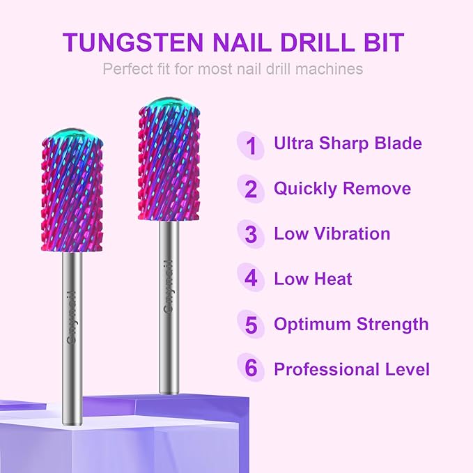 3/32" 2PCS Large Barrel Smooth Round Top Tungsten Carbide Nail Drill Bit Safety Bit for Gel & Acrylic Removal, 2-Way Rotating Efile Tip, Salon Electric File Accessory (XC Grit, Purple)