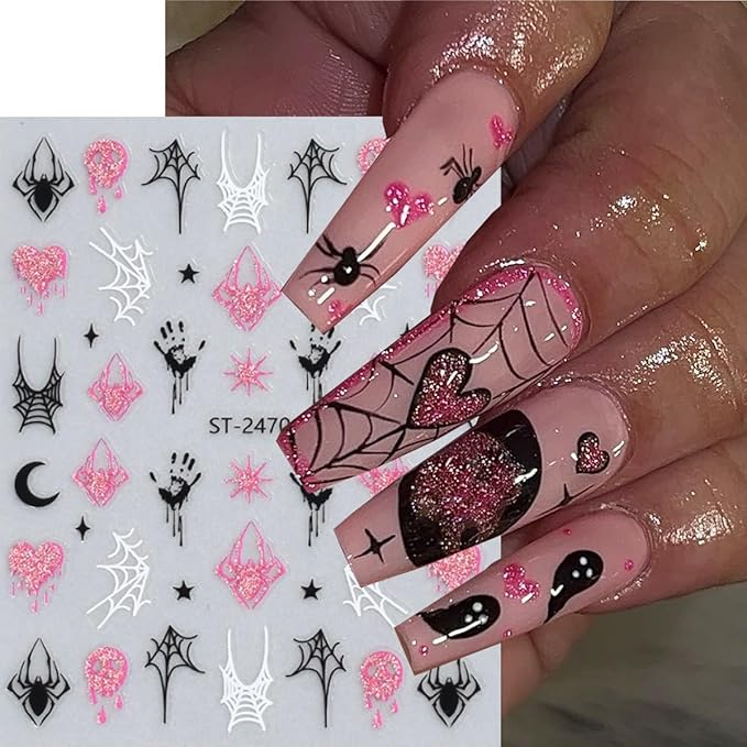 6 Sheets Halloween Nail Art Stickers Glitter Pink Nail Stickers Spider Web Nail Decals Pumpkin Line French Tips Heart Design Ghost Nail Sticker for Nail Art for Women DIY Holiday Manicure Supplies