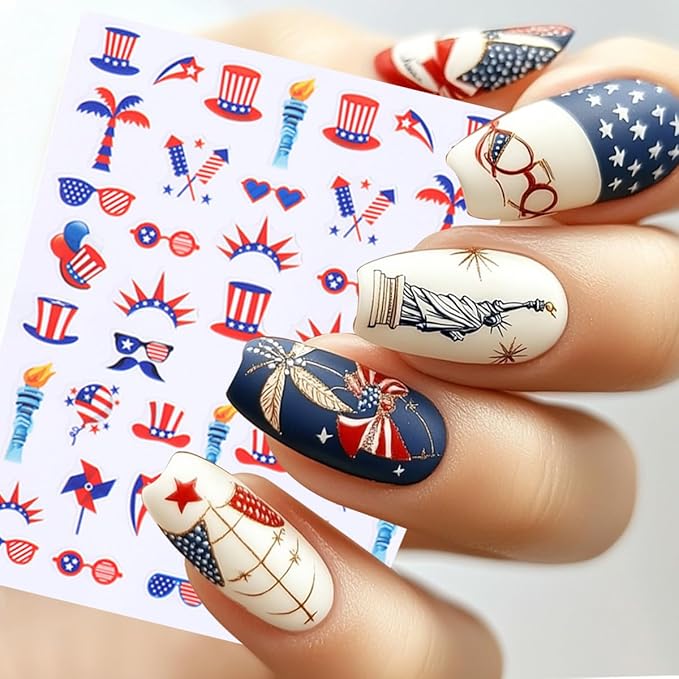 6 Sheets 4th of July Nail Art Stickers 3D Self Adhesive Independence Day Nail Stickers American Flag Patriotic Design Sticker Supplies Pegatinas Uñas Firework Nail Sticker for Women Acrylic Manicure
