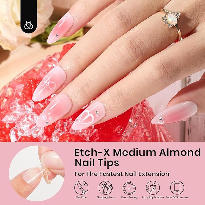 Beetles Gel Nail Tips Medium Almond Etch X Nail Tips, 12 Sizes 288 PCS Half Matte Full Cover False Nails Clear Acrylic Nails Glue on Nails DIY Gift for Women
