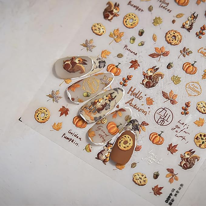 Fall Nail Art Stickers 5D Embossed Self Adhesive Maple Leaf Pumpkin Nails Decals 1PCS Autumn Cute Squirrel Pine Cones Fallen Leaves Design Thanksgiving Nail Stickers for Women DIY Manicure Accessories