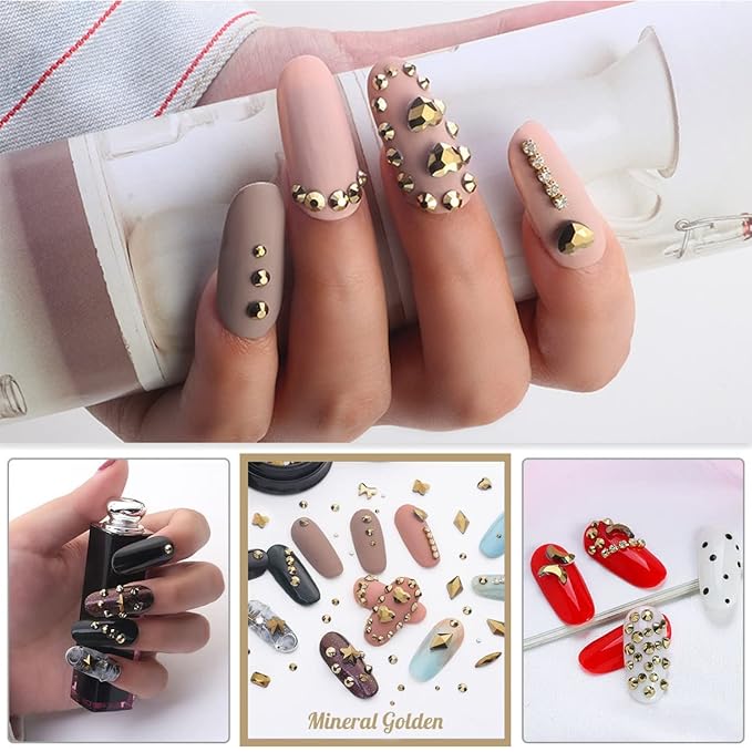 Old Golden Nail Rhinestones 120 Multi Shapes Flatback Gems K9 Glass Stones Metallic Gold Round Beads Diamonds Jewels Crystals w Pick Pen Charms for Nails Faces Eyes Makeup Crafts Clothes Shoes