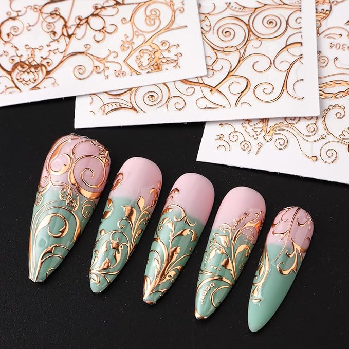 26 Sheets Rose Gold Nail Stickers Set, 3D Self Adhesive Nail Decals with Metal Geometric Stripe Wave & Lace Flower Floral Vine Patterns for DIY Manicure Decorations