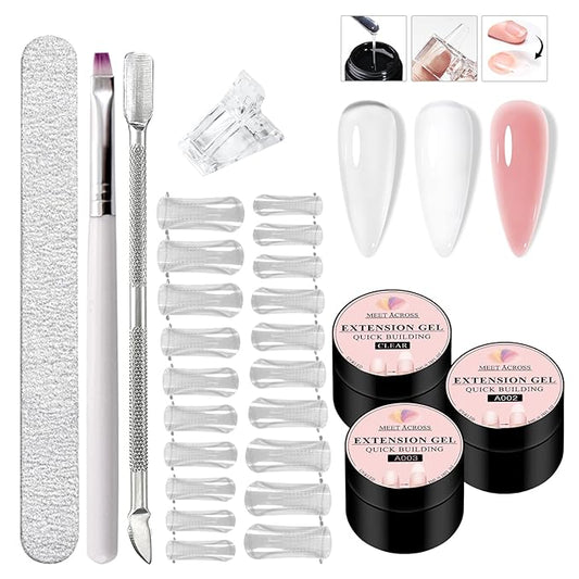 MEET ACROSS Poly Nail Gel 8Pcs Nail Extension Gel Set and Nail Extension Starter Kit for Beginners Nail Art DIY Home Gifts for Women (Clear + White + Pink, 8pcs)