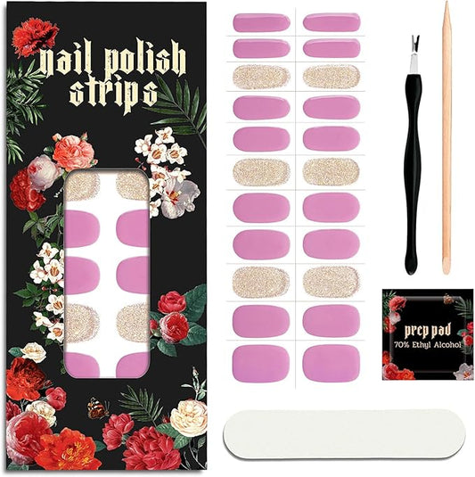 Nail Polish Strips - 22 Pcs Salon Quality Gel Nail Stickers - Long Lasting Wraps (Berry Gold Glitter)