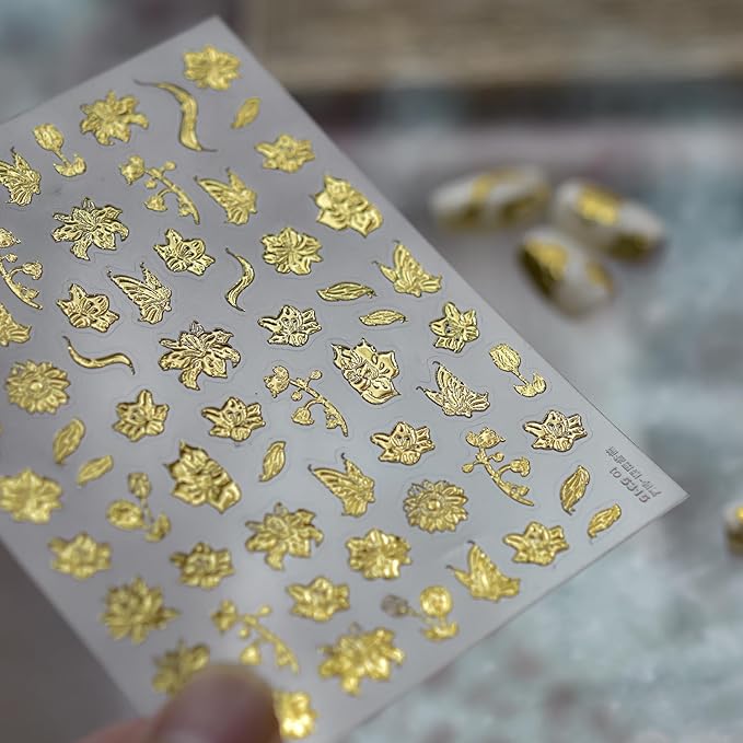 1 Sheets 5D Embossed Fall Nail Stickers for Nail Art Self-Adhesive Gold Flower Nail Art Stickers Gold Butterfly Autumn Leaves Nail Decals Floral Nail Design Sticker for Women Nails Decoration