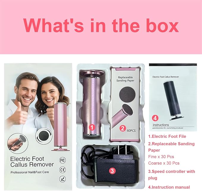 Electric Foot Callus Remover - Callus Remover for Feet,Professional Pedicure Tool for Dead Skin and Calluses,Adjustable Speed Foot File with 60 Pcs Sandpaper Discs - Pink