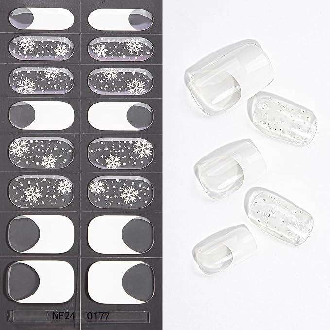 Christmas Semi Cured Gel Nail Strips, 16 Pcs Winter Xmas Gel Nail Stickers Snowflake Designs White French Tip Wraps for UV/Led Manicure Lamp Nails Art Decorations