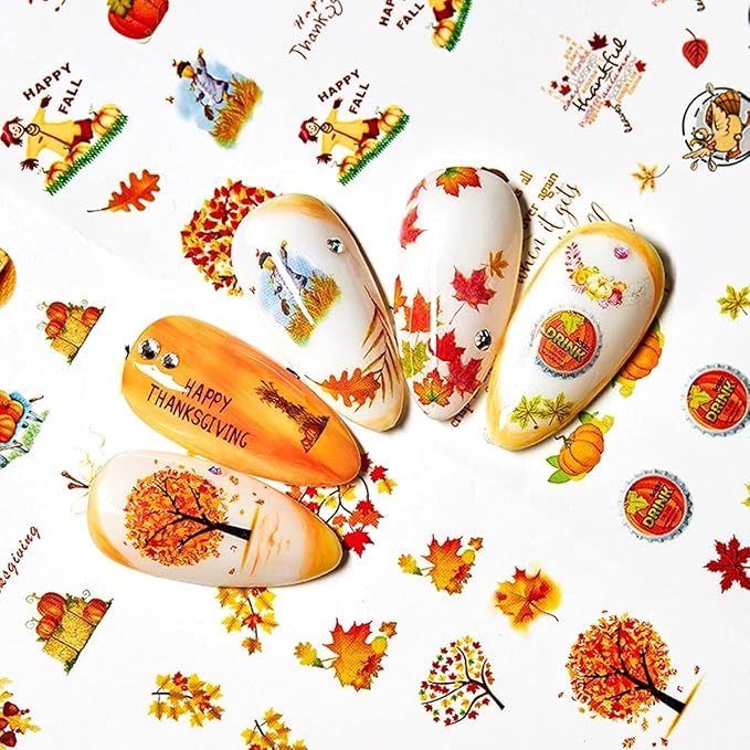 12 Sheets Fall Nail Art Stickers Thanksgiving Nail Decals Water Transfer Foils Maple Leaf Pumpkin Turkey Autumn Nail Stickers for Women Girls Kids DIY Fingernail Toenail Decoration Manicure
