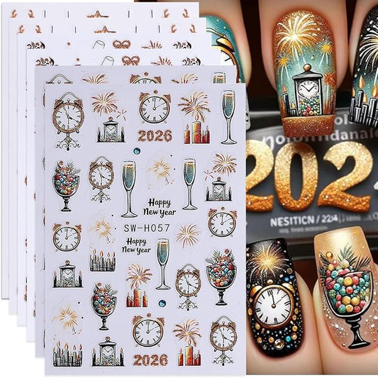 Christmas Nail Art Stickers Fireworks Clock Nail Stickers 6PCS Gold Glitter Lantern Ball Champagne Tree 2026 Design 3D Self-Adhesive Xmas Nail Decals Manicure Supply for New Year Nail Art Decorations