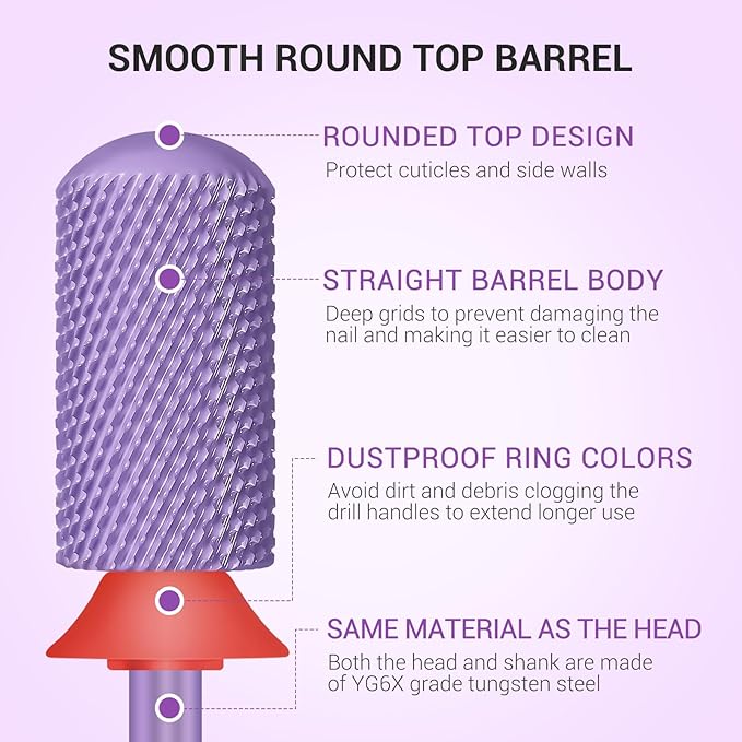 MelodySusie Safety Nail Drill Bits, 3/32'' Smooth Round Top Large Barrel Carbide Bits, Suitable for Manicure Pedicure Cuticle Gel Polishing, Beginners Bits, Purple, Series Bit-S, F