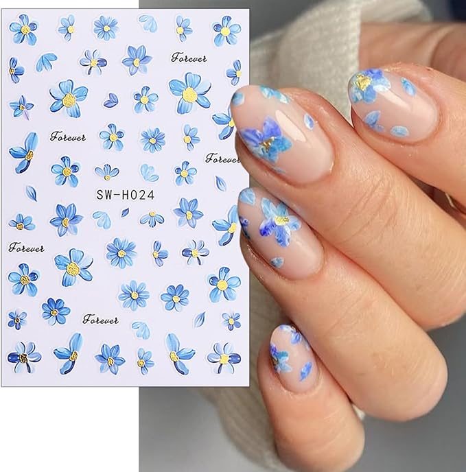 6 Sheets Spring Flower Nail Decals for Nail Art Gold Pink Butterfly Nail Stickers 3D Blue Flowers Nail Decals Self-Adhesive Summer Butterfly Nail Supplies for Women Girls DIY Nails Designs