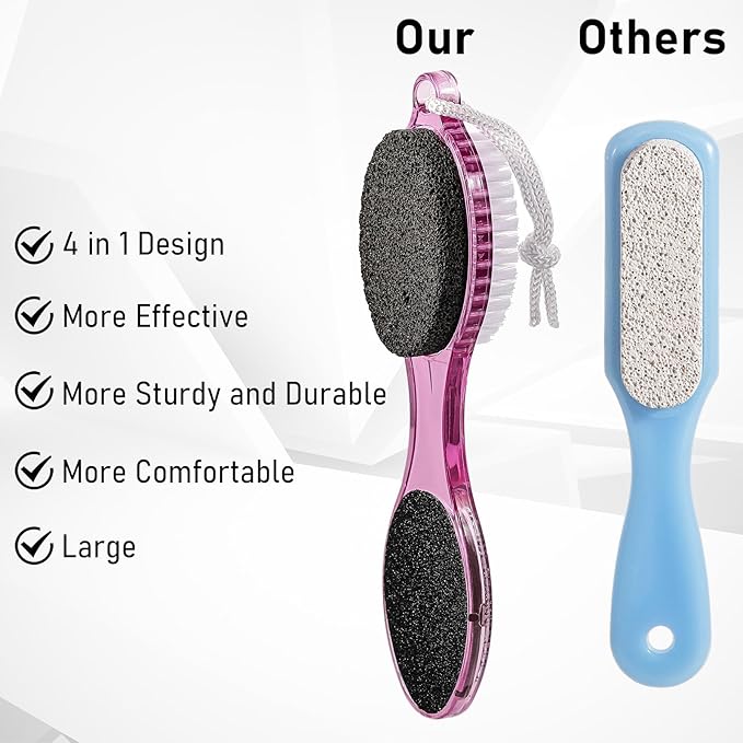 Pumice Stone Brush for Feet 4 in 1, Foot File Callus Remover, Foot Rasp and Sand Paper Pedicure Tools with Handle, Shower Foot Scrubber, Soft Smooth Feet for Home Foot Care,4 Pack