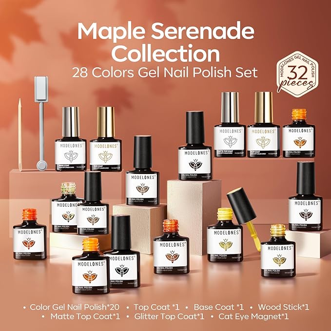 Modelones 32 PCS Fall Gel Nail Polish Kit, 28 Colors Cat Eye Glitter Brown Red Orange Gel Polish with Base Coat, Glitter & Glossy & Matte Top Coat Soak Off LED Nail Art Kit Salon at Home
