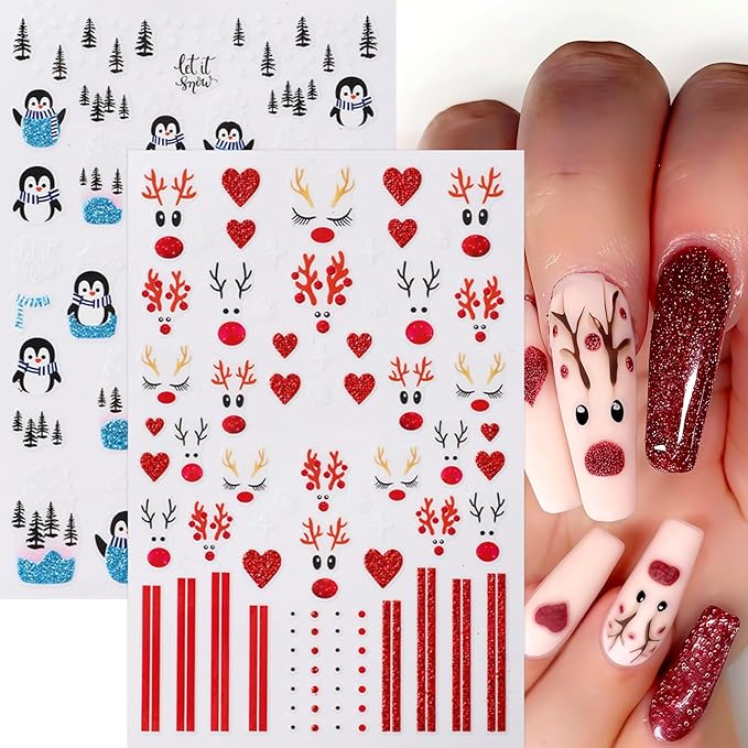 6 Pcs Christmas Nail Art Stickers 3D Self-Adhesive Glitter Christmas Snowflake Elk Blue Penguin Nail Decals Winter Christmas Tree Nail Design Red Glitter Elk Nails Supplies for Women DIY Manicure