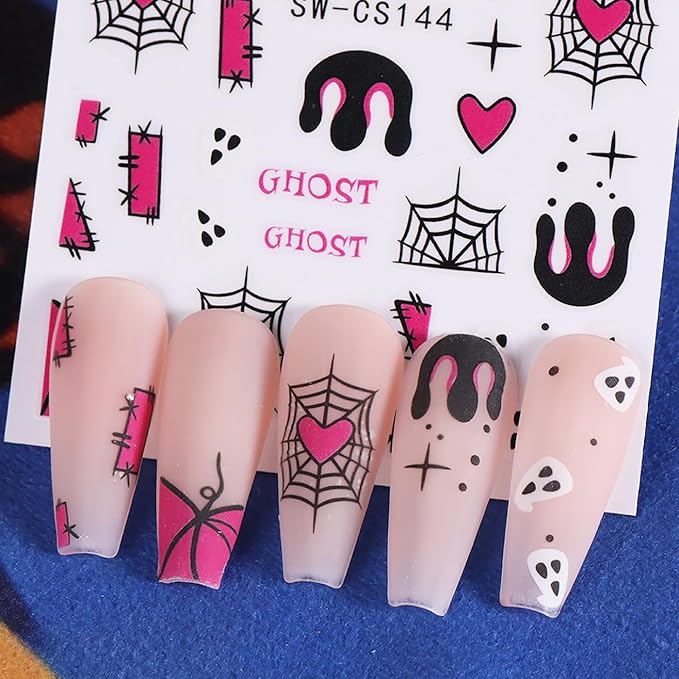 Halloween Nail Art Stickers, Spider Web Nail Art Decals 3D Self-Adhesive Pumpkin Cute Pink Heart Spider Web Nail Design 4Pcs Halloween Nail Art Supplies for Women Nail Decoration