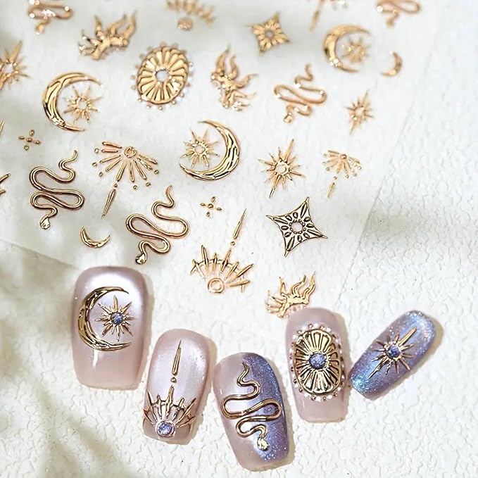 2 Sheets Gold Boho Nail Stickers for Nail Art Gold Star Moon Sun Snake Nail Decals 5D Embossed Nail Art Decals Self-Adhesive Stickers for DIY Nails Art Decoration
