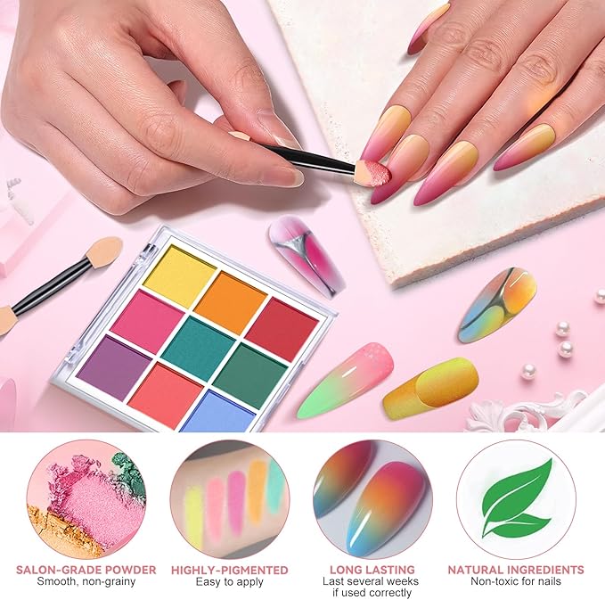 Nail Pigment Powder Palette, 9 Colors Solid Pigment Powder for Nails Ombre Gradient French Manicure, Nail Art Palette Rub Dust Glitter Manicure Home DIY Decoration Accessories, Bright Colors