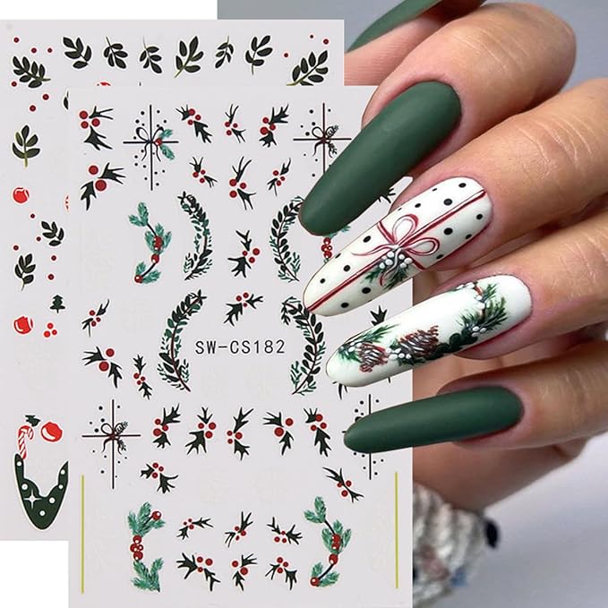 Christmas Nail Art Stickers Decals Holly Leaf Candy Cane Design 3D Self-Adhesive Xmas Nail Art Supplies Decals 6PCS Snowflakes Bow Star Ball Christmas Stickers for Nails Holiday Manicure Decorations