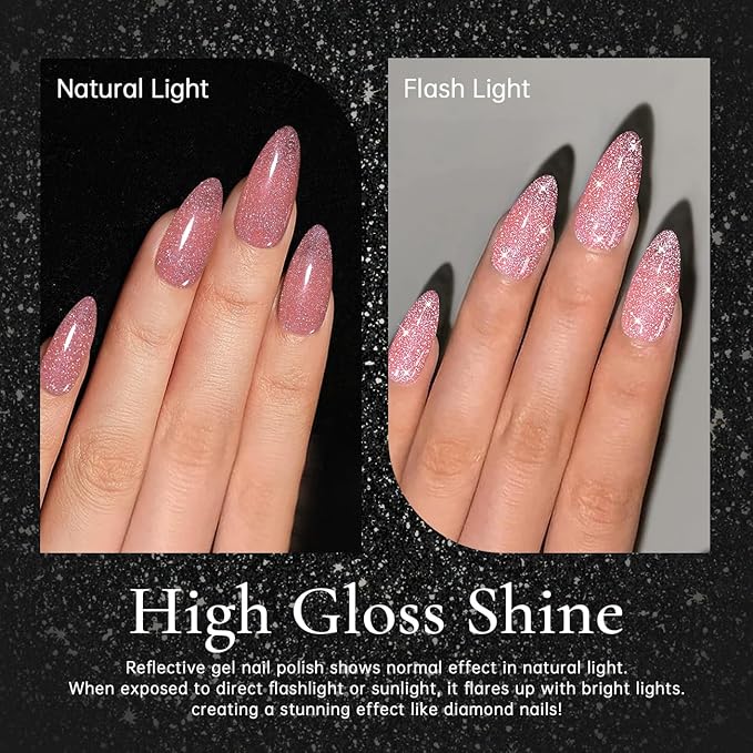 RARJSM Reflective Gel Polish Glitter Pink Nude Sheer Pink Jelly Gel Nail Polish Natural Skin Tone Sparkle Flash Rainbow Diamond Silver Shimmer Soak off Curing Requires Home Salon 15ml Single Bottle