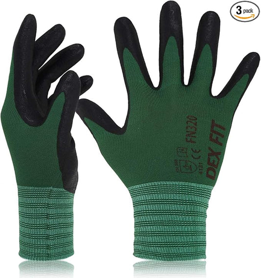 DEX FIT Premium Nylon Nitrile Work Gloves FN320, 3 Pairs, 3D-Comfort Stretchy Fit, Firm Grip, Thin & Lightweight, Durable, Breathable & Cool, Machine Washable; Forest Green 8 (M)