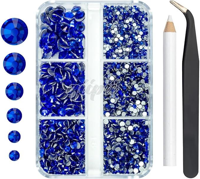 2550pcs Royal Blue Nail Art Flatback Rhinestones for Face Makeup Sapphire Nail Gems Gemstones K9 Glass SS4~SS20 6 Sizes Dark Blue Diamonds Stones w Tweezer & Picking Pen for Nails DIY Crafts