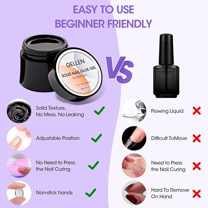 Gellen Solid Nail Glue Gel for False Nail Tips, Solid Gel Nail Glue for Press On Nails Strong for Acrylic Nails Home Salon Nail Art, UV LED Light Curing Needed - 15g