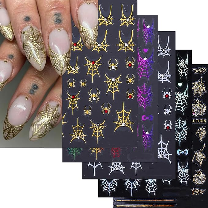 5 Sheets Halloween Gold Nails Stickers Spider Wed Nails Art Stickers 3D Self-Adhesive Supplies Nail Decal with Rhinestones Bow Heart Design Nails Sticker for Nail Art Women's DIY Decoration