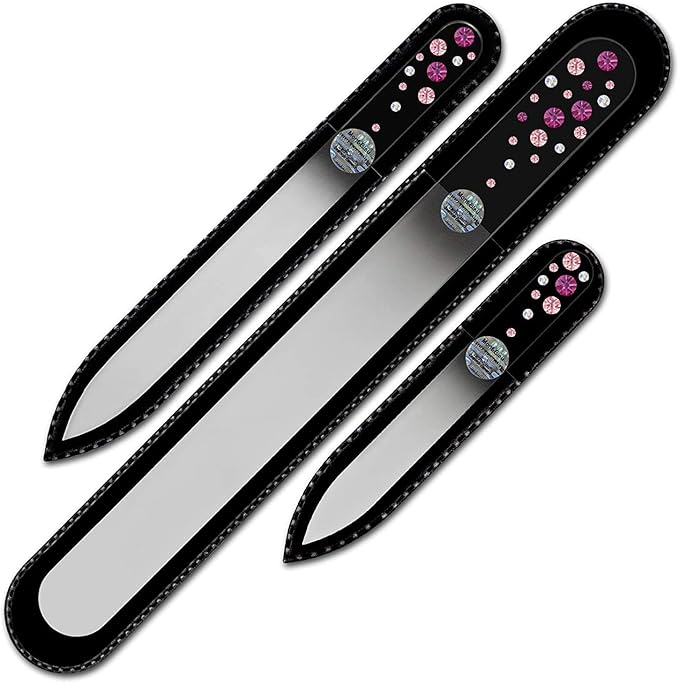 Mont Bleu Set of 3 Glass Nail Files Hand Decorated with Crystals - Hand Made, Czech Tempered Glass