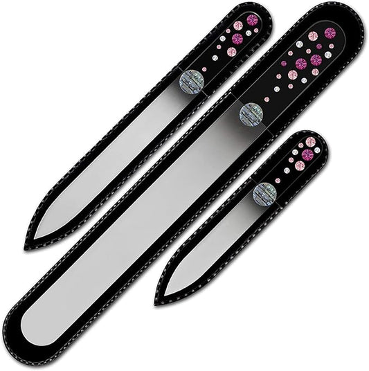 Mont Bleu Set of 3 Glass Nail Files Hand Decorated with Crystals - Hand Made, Czech Tempered Glass