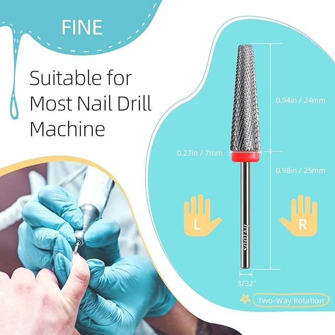 24mm Super Long 5 in 1 Nail Drill Bits, Cross Tapered Carbide Bit, 3/32" Two-way Rotate Drill Bits for Nails, Remove Acrylic Nails/Gel, Electric File Tool Drills Manicure Accessories (F)