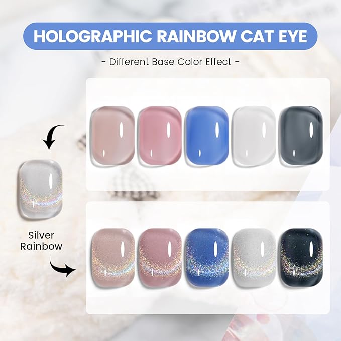 RARJSM Holographic Rainbow Cat Eye Gel Nail Polish with Magnet Stick Clear Silver Iridescent Glitter Sparkle 9D Cat Eye Gel Polish Soak off UV LED Curing Requires Soak Off Home Salon Diy Nail Art