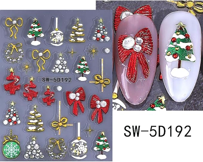 Christmas Nail Art Stickers 5D Embossed Nail Decals with Xmas Tree Light Antler Bow Rhinestones Design Glitter Nail Stickers Acrylic Nail Supplies for Women DIY Christmas Decorations 2 Sheets