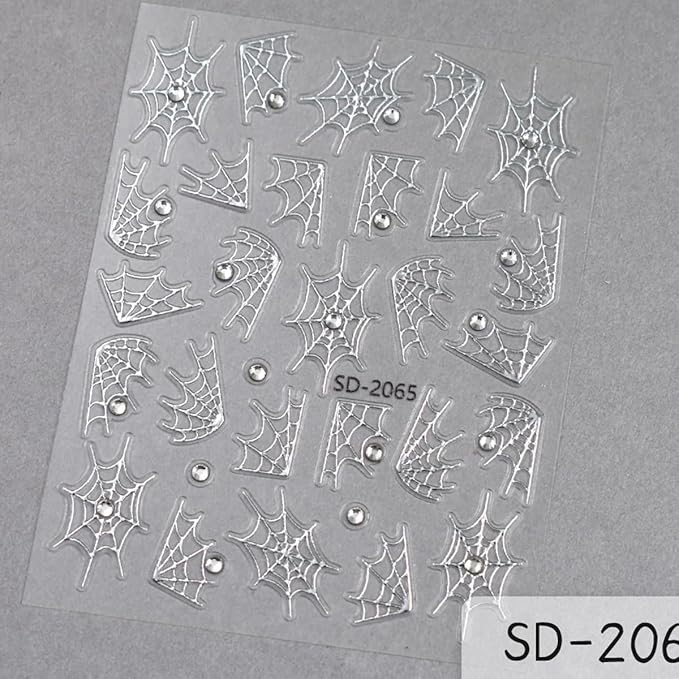 2 Sheets Halloween Nail Stickers for Nail Art 5D Embossed Self-Adhesive Spider Web Nail Art Stickers Black Silver Gold Glitter Spider Web with Diamond Nail Design Halloween Nail Decals for Women Nails