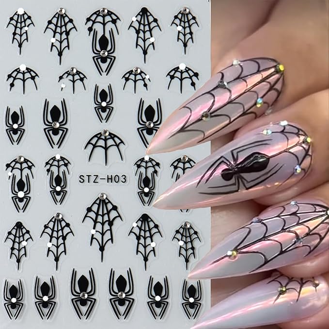 6Pcs Halloween Nail Art Stickers Decals Black Red Spider Nail Stickers with Rhinestones Design Heart Spider Web Nail Decals 3D Bat Blood Moon Star Horror Halloween Stickers for Women Manicure Supplies